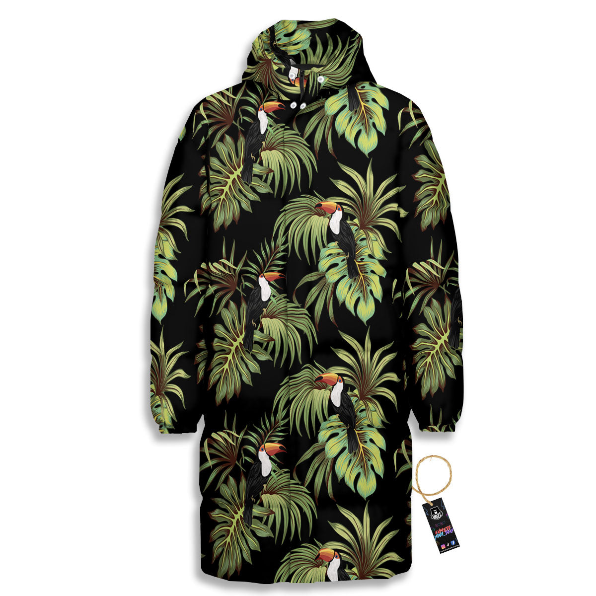 Toucan Vintage Print Pattern Long Down Jacket-grizzshop