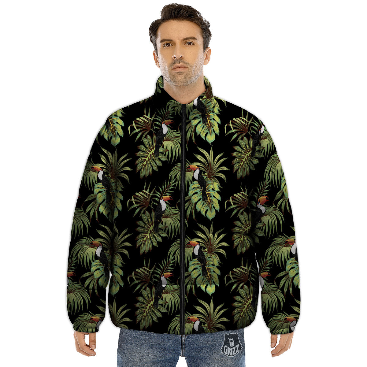 Toucan Vintage Print Pattern Puffer Jacket-grizzshop