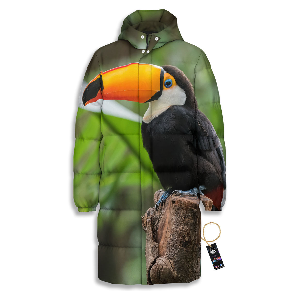 Toucan Aloha Keel-Billed Print Long Down Jacket
