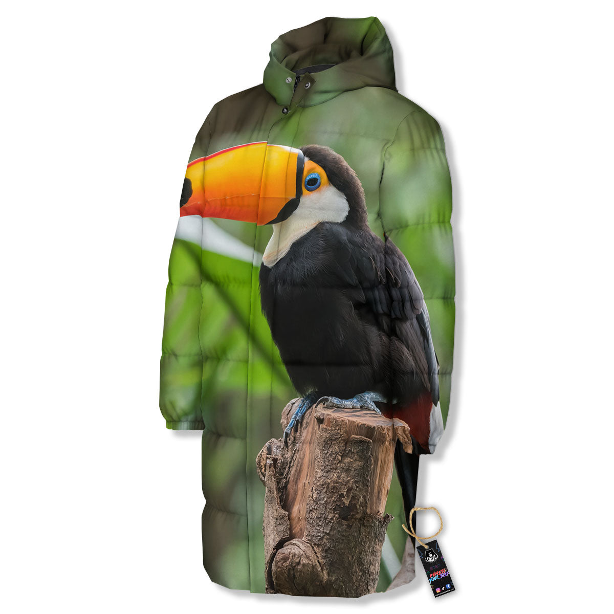 Toucan Aloha Keel-Billed Print Long Down Jacket