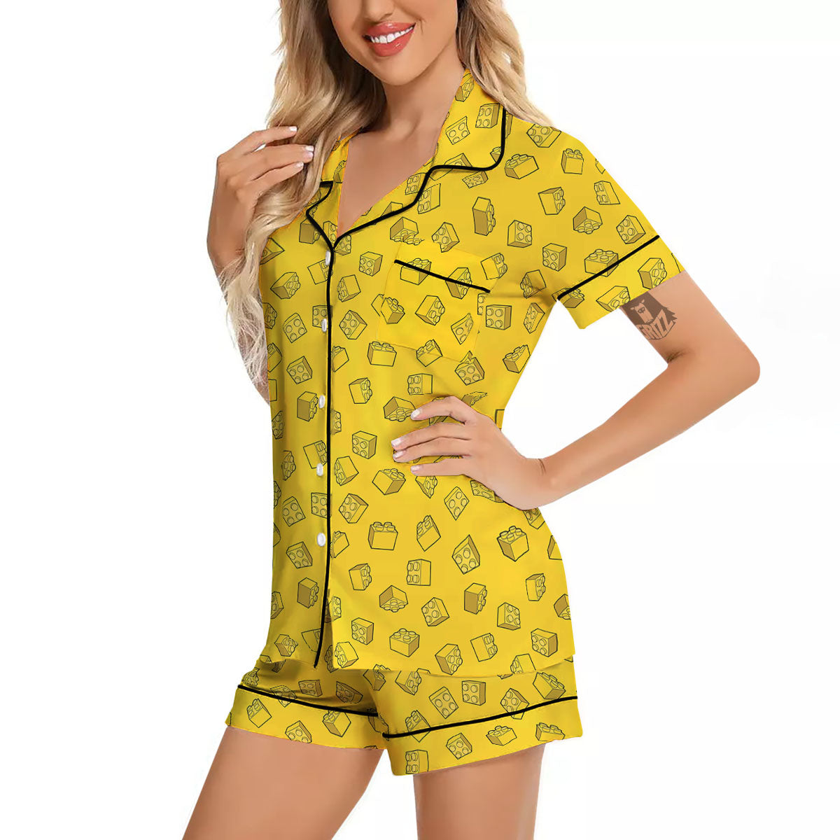 Toy Building Blocks Print Pattern Women Silk Pajamas-grizzshop