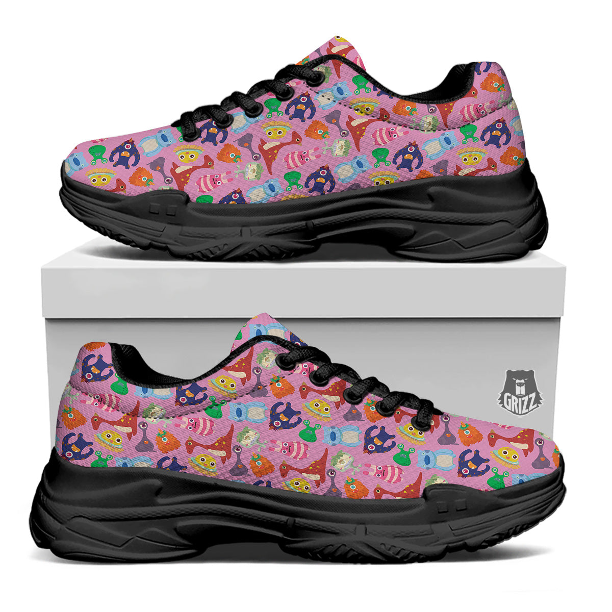 Toy Monster Cute Pink Print Pattern Black Chunky Shoes-grizzshop