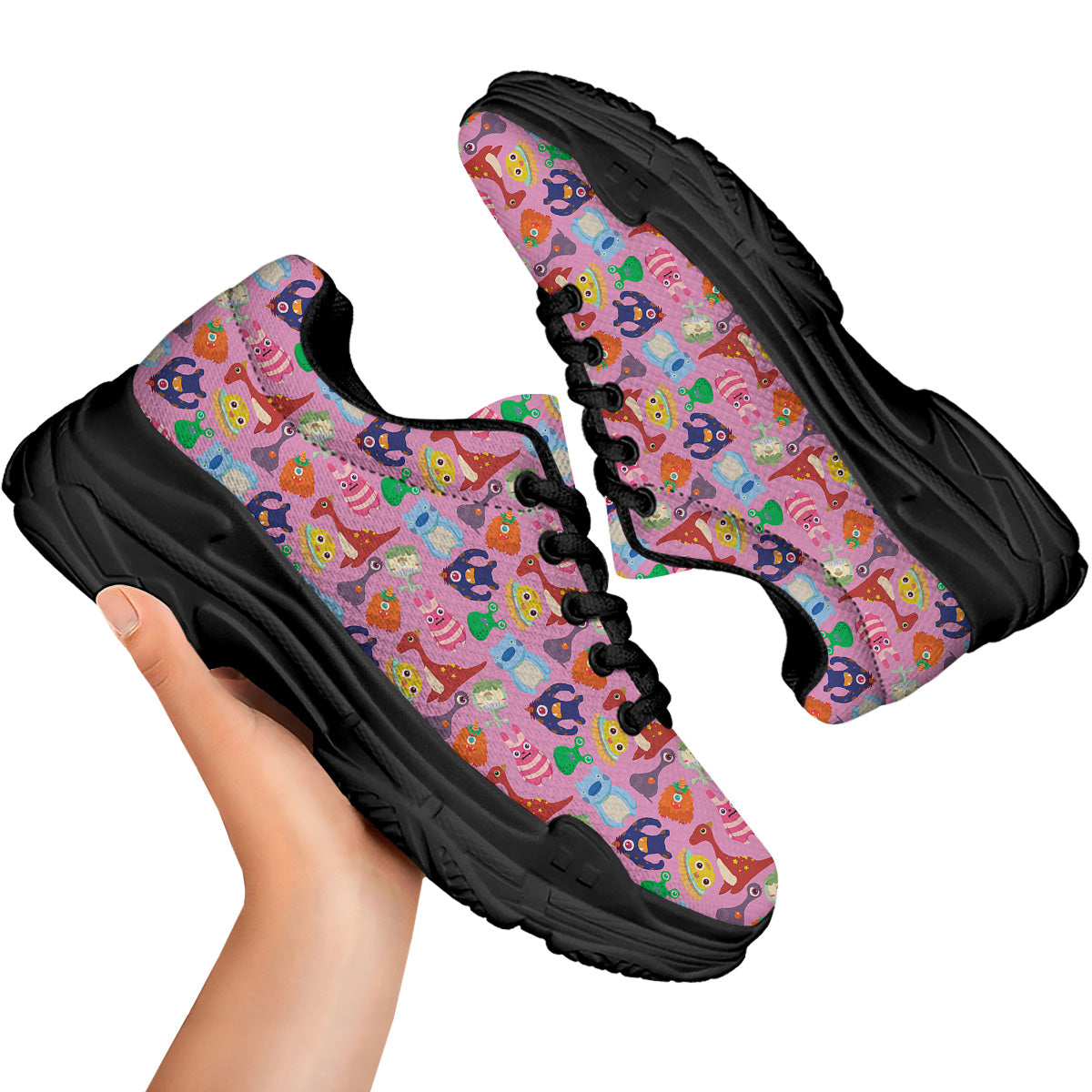 Toy Monster Cute Pink Print Pattern Black Chunky Shoes-grizzshop
