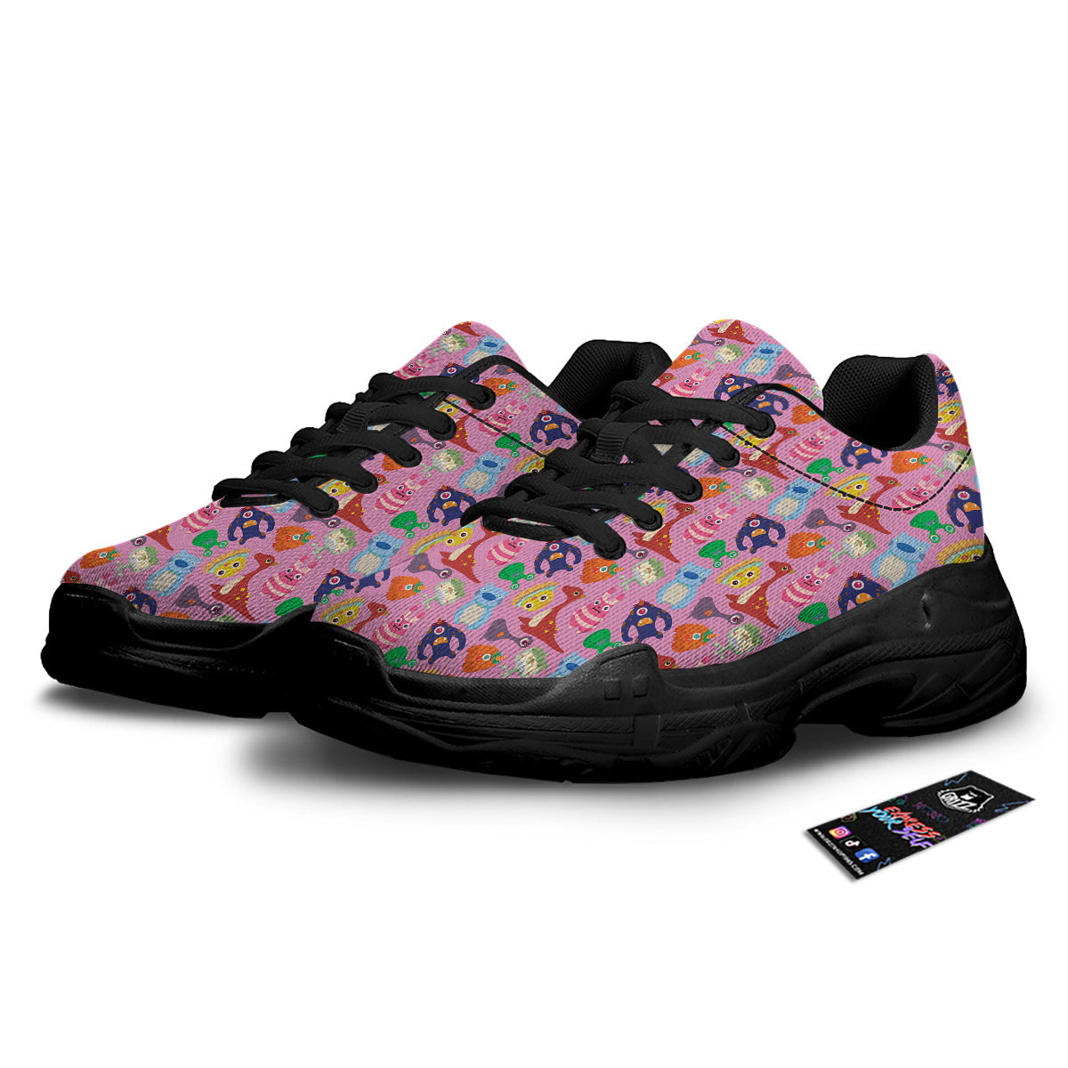 Toy Monster Cute Pink Print Pattern Black Chunky Shoes-grizzshop