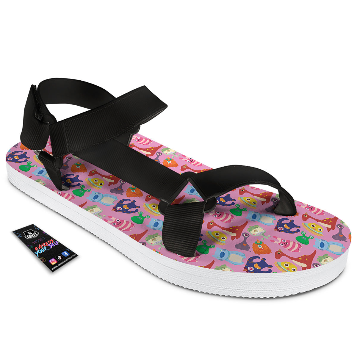 Toy Monster Cute Pink Print Pattern Black Open Toe Sandals-grizzshop