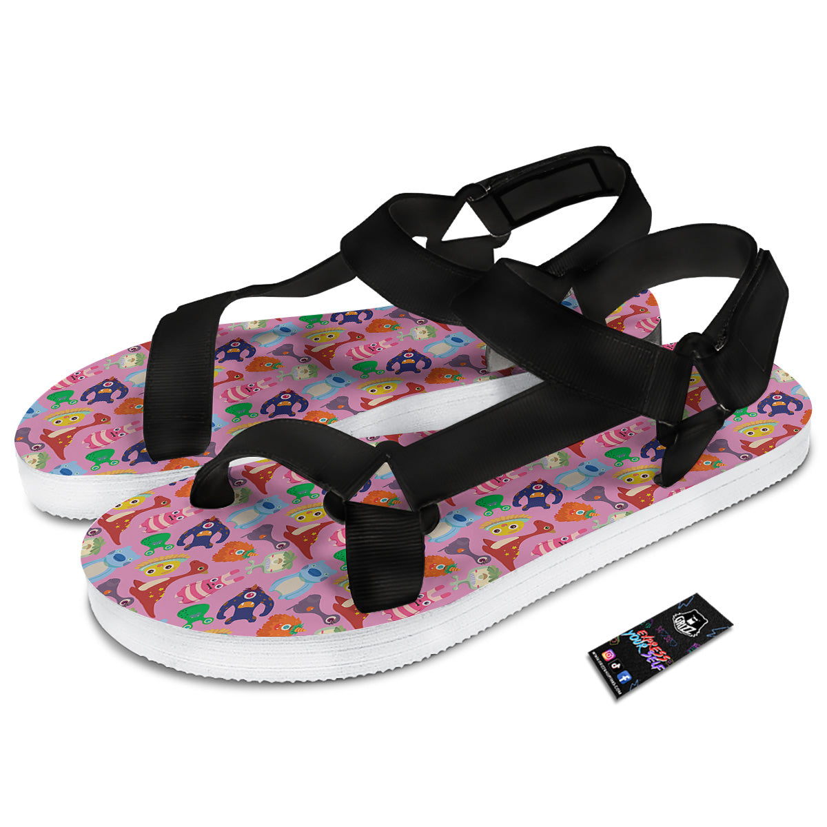 Toy Monster Cute Pink Print Pattern Black Open Toe Sandals-grizzshop