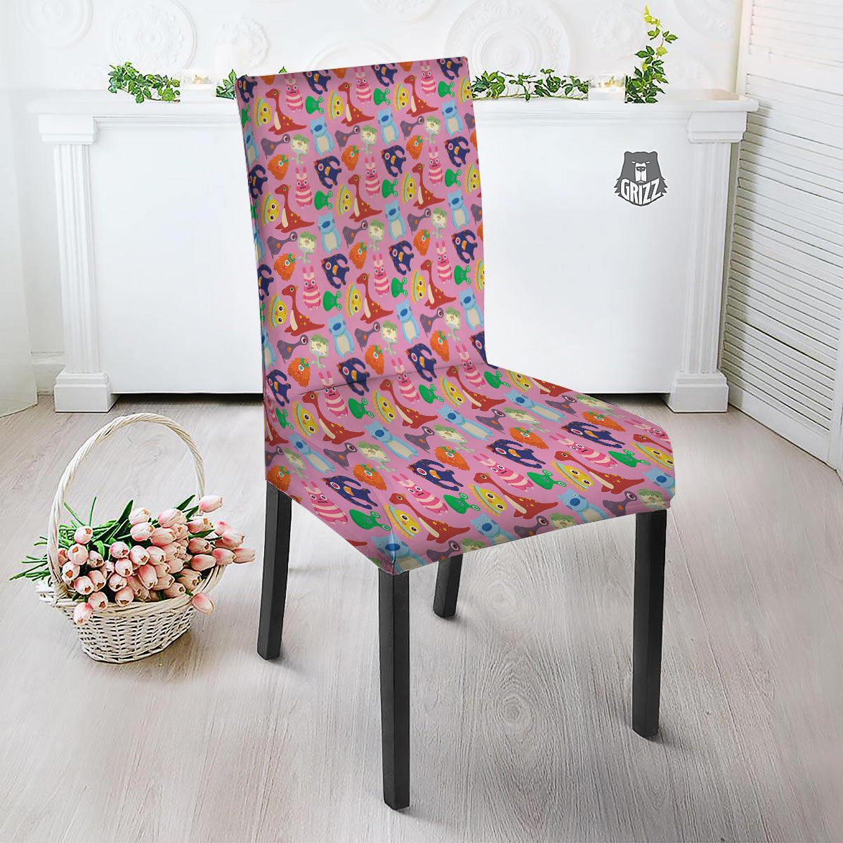 Toy Monster Cute Pink Print Pattern Dining Chair Slipcover-grizzshop
