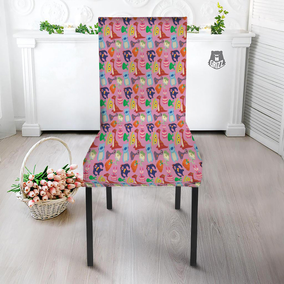 Toy Monster Cute Pink Print Pattern Dining Chair Slipcover-grizzshop
