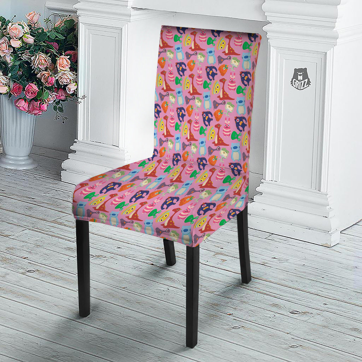 Toy Monster Cute Pink Print Pattern Dining Chair Slipcover-grizzshop