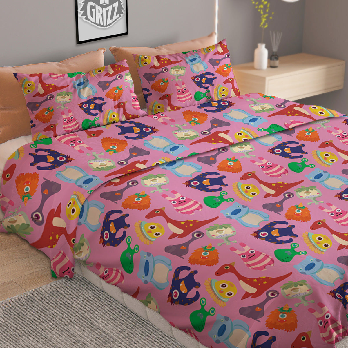 Toy Monster Cute Pink Print Pattern Duvet Cover Bedding Set