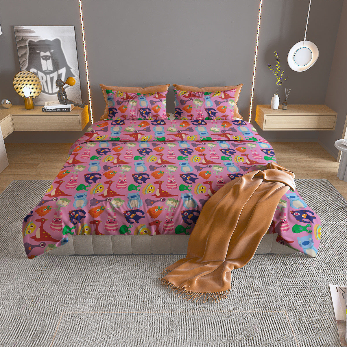 Toy Monster Cute Pink Print Pattern Duvet Cover Bedding Set