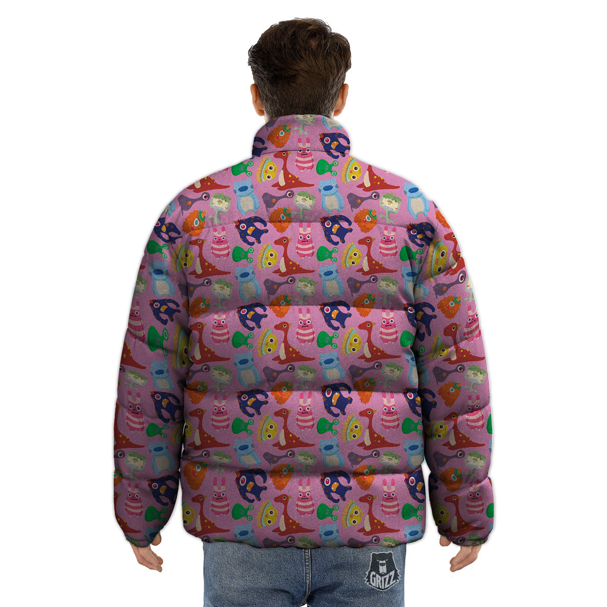 Toy Monster Cute Pink Print Pattern Puffer Jacket-grizzshop