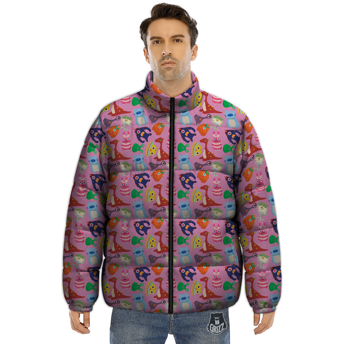 Toy Monster Cute Pink Print Pattern Puffer Jacket-grizzshop