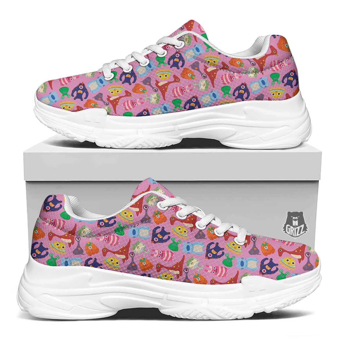 Toy Monster Cute Pink Print Pattern White Chunky Shoes-grizzshop