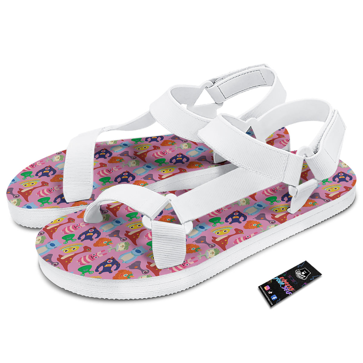 Toy Monster Cute Pink Print Pattern White Open Toe Sandals-grizzshop