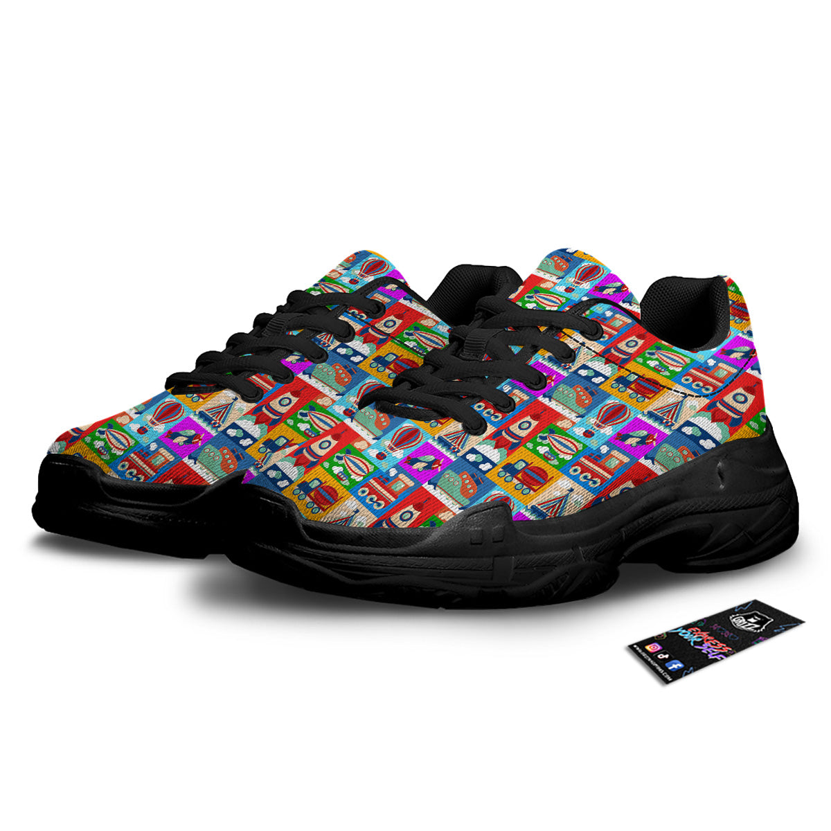 Toy Transport Cartoon Colorful Print Pattern Black Chunky Shoes-grizzshop