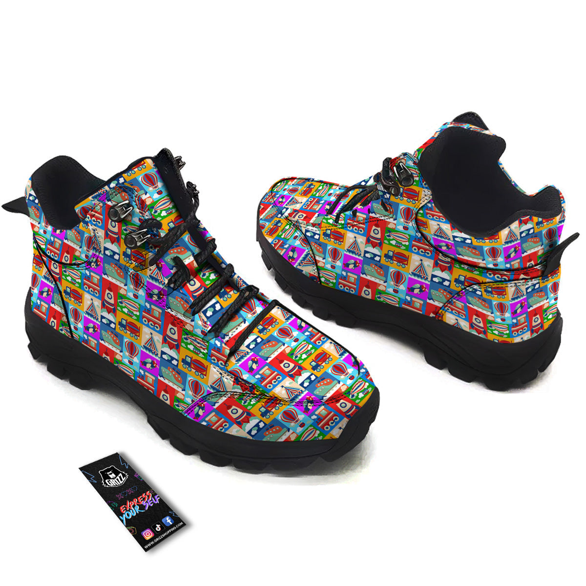 Toy Transport Cartoon Colorful Print Pattern Hiking Shoes-grizzshop
