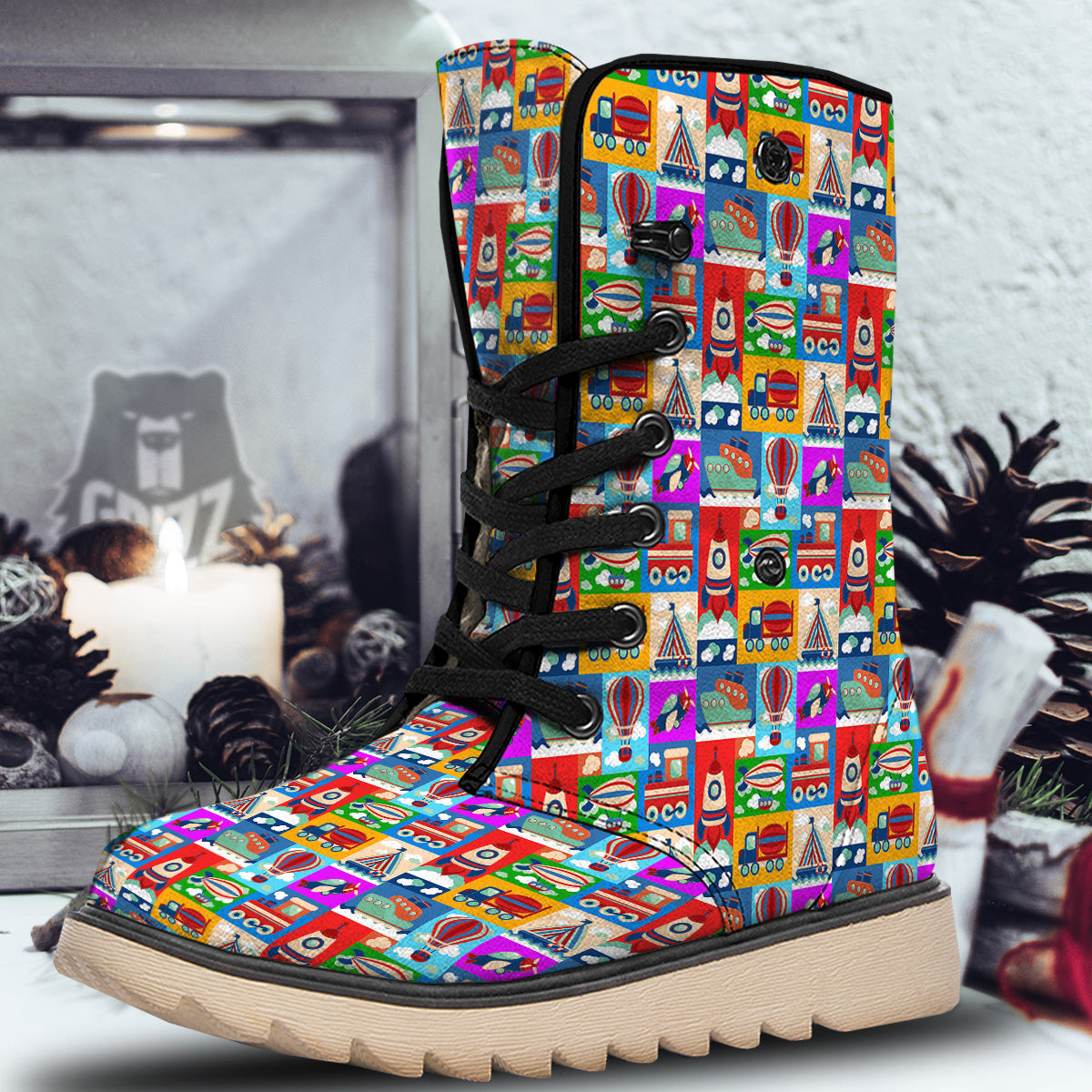 Toy Transport Cartoon Colorful Print Pattern Snow Boots-grizzshop