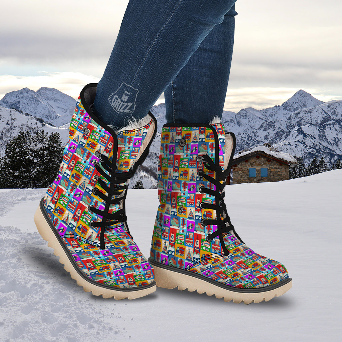 Toy Transport Cartoon Colorful Print Pattern Snow Boots-grizzshop