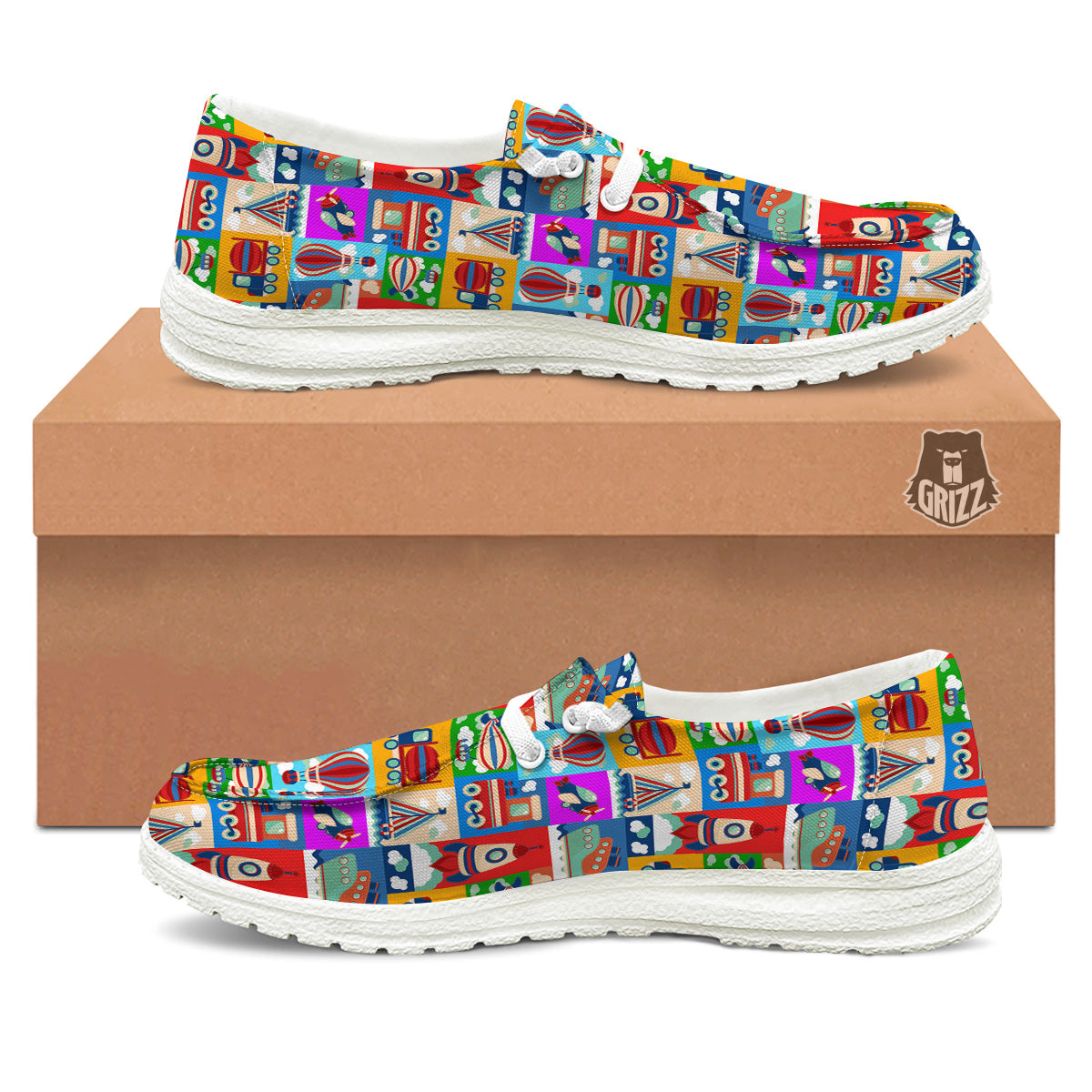 Toy Transport Cartoon Colorful Print Pattern White Loafers-grizzshop