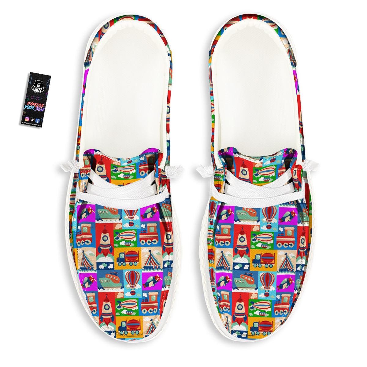 Toy Transport Cartoon Colorful Print Pattern White Loafers-grizzshop