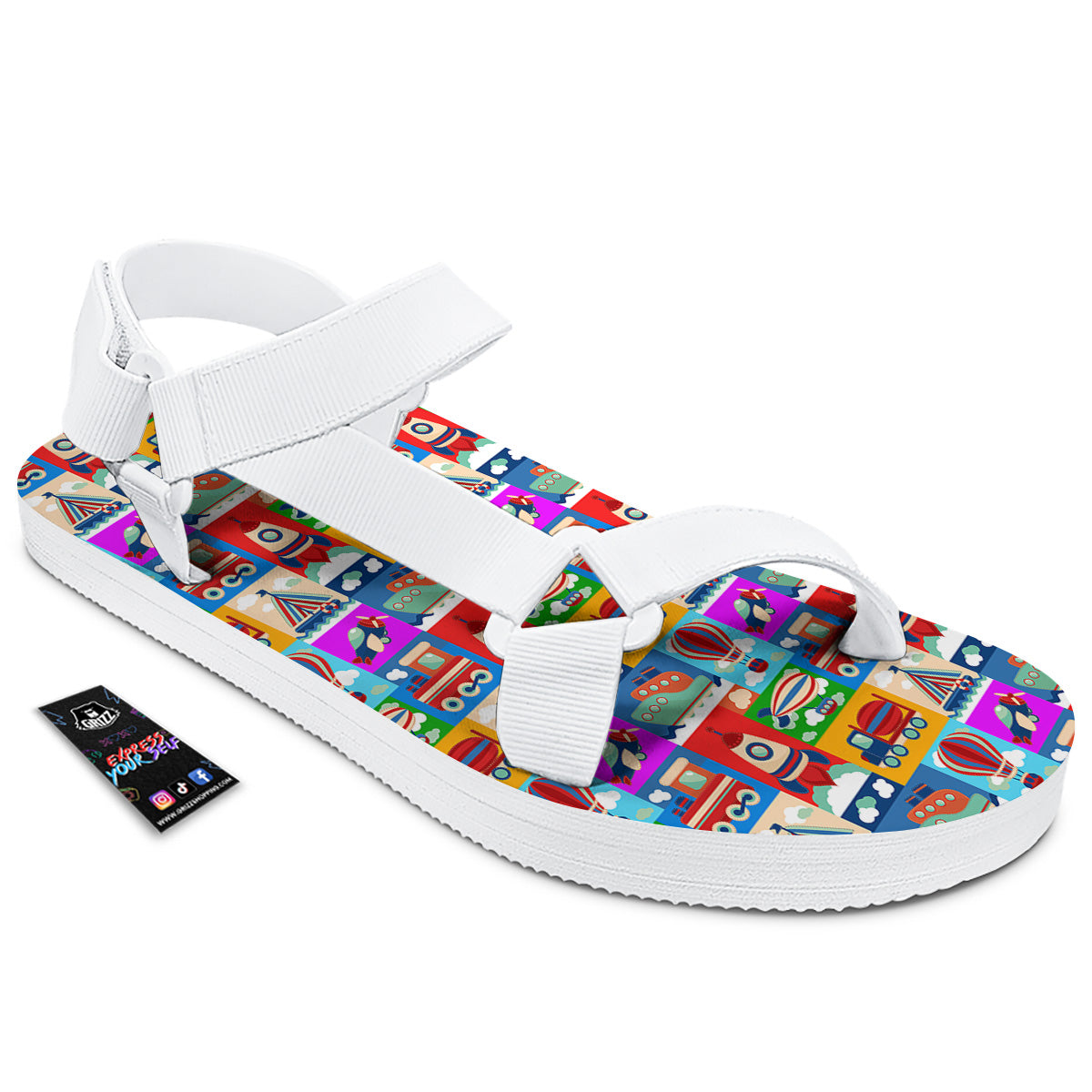 Toy Transport Cartoon Colorful Print Pattern White Open Toe Sandals-grizzshop