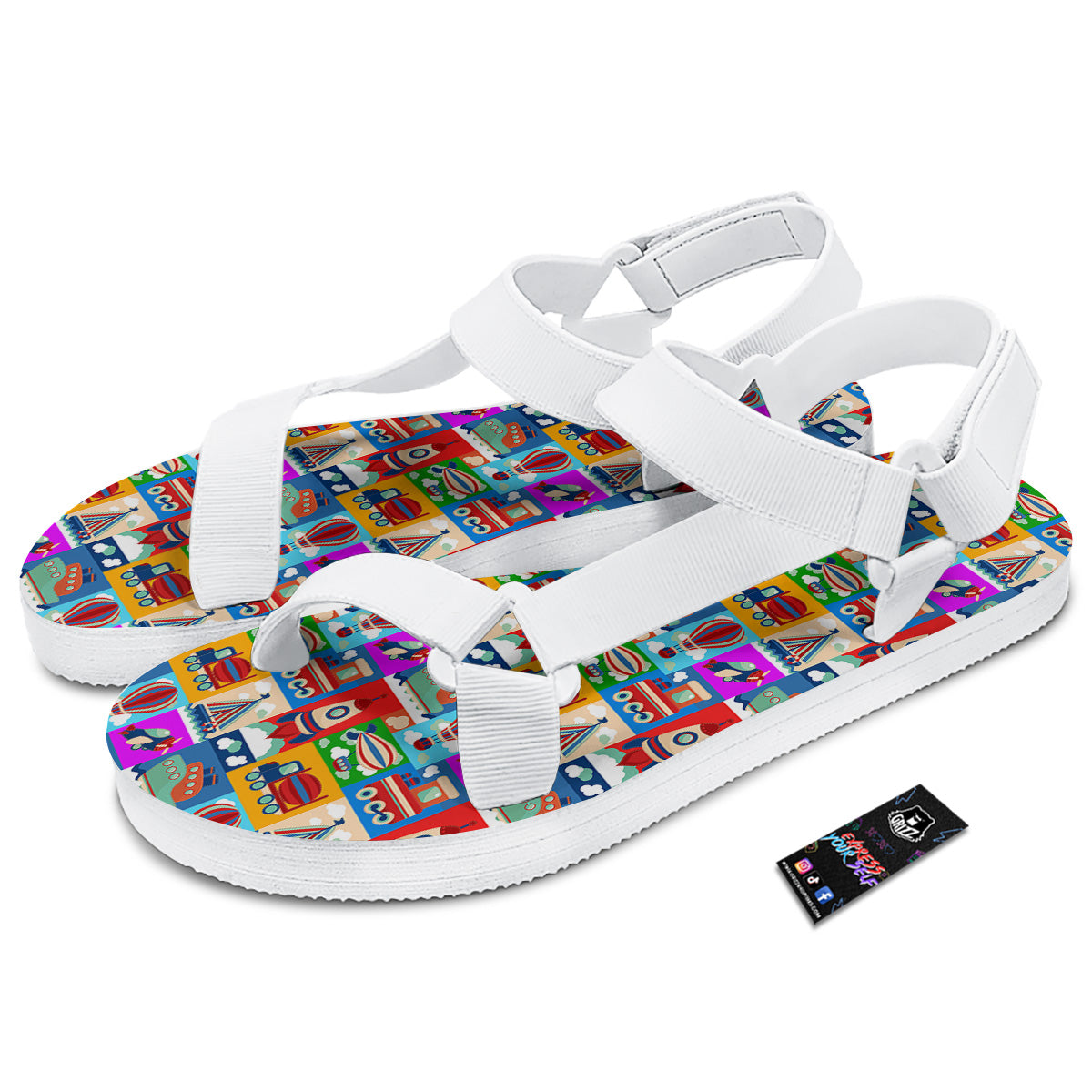 Toy Transport Cartoon Colorful Print Pattern White Open Toe Sandals-grizzshop