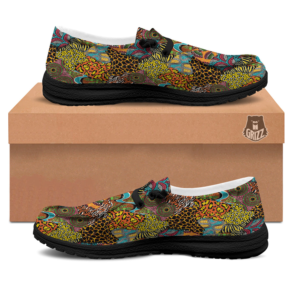 Traditional African And Wild Animal Skins Print Pattern Black Loafers-grizzshop
