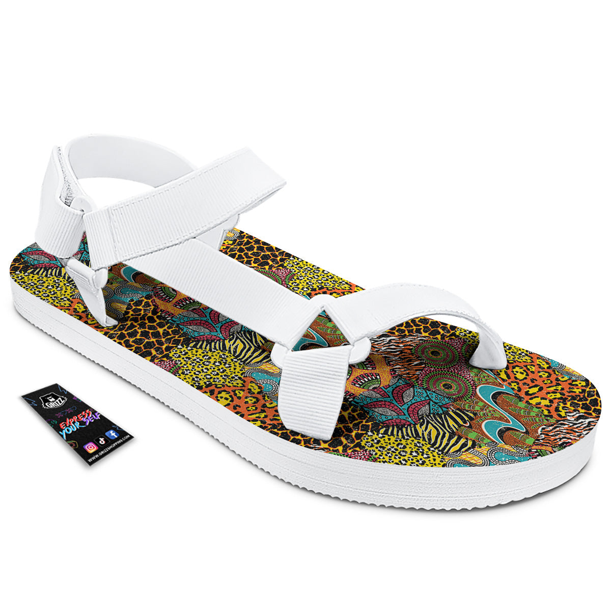 Traditional African And Wild Animal Skins Print Pattern White Open Toe Sandals-grizzshop