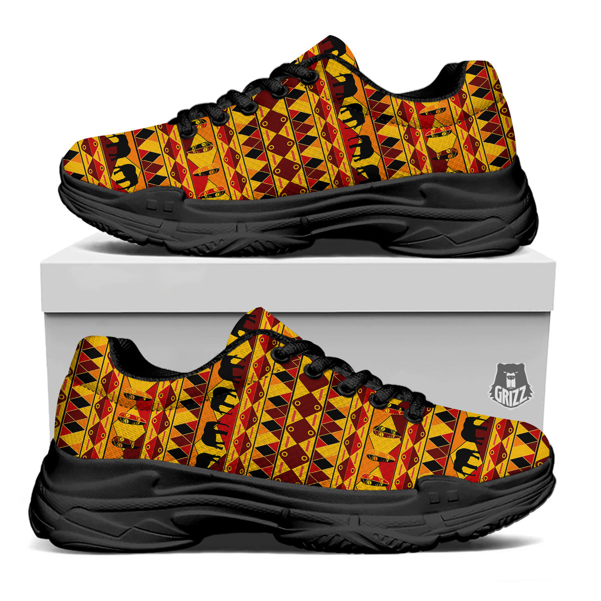 Traditional African Ethnic Print Pattern Black Chunky Shoes-grizzshop