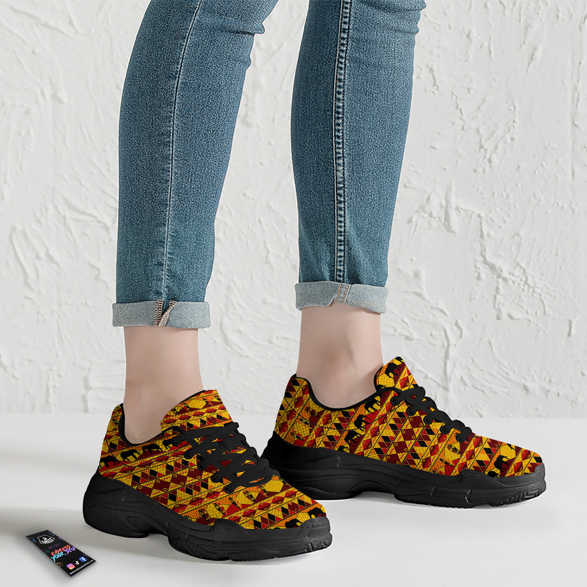 Traditional African Ethnic Print Pattern Black Chunky Shoes-grizzshop