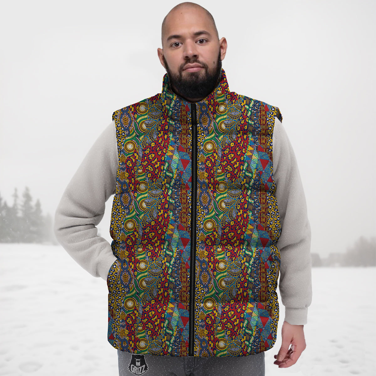 Traditional African Patchwork Animal Skins Print Pattern Down Vest