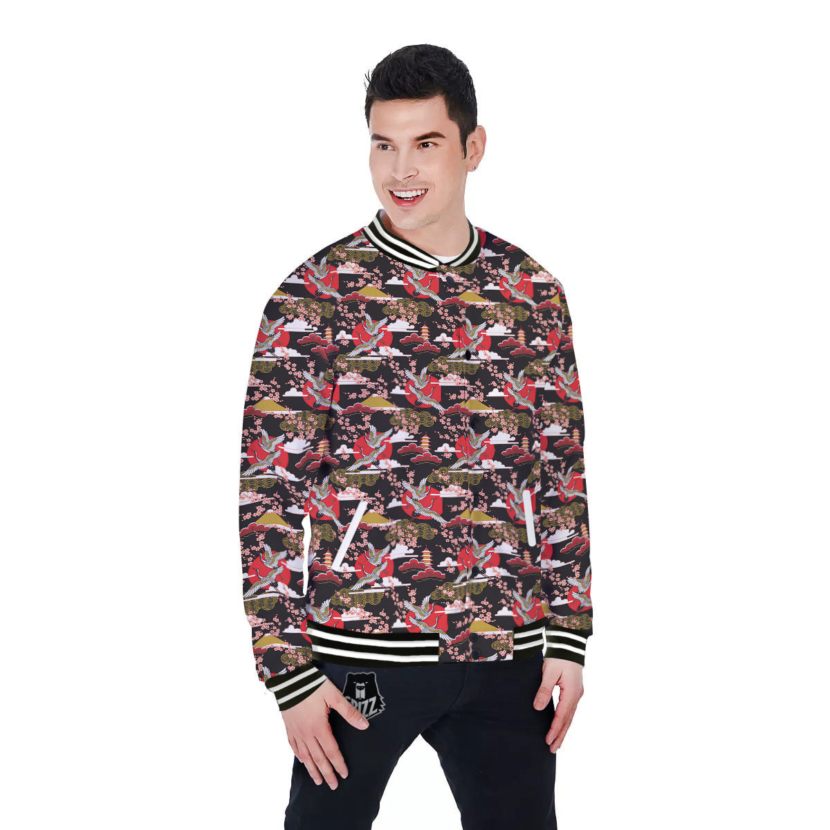 Traditional Japanese Print Pattern Baseball Jacket-grizzshop