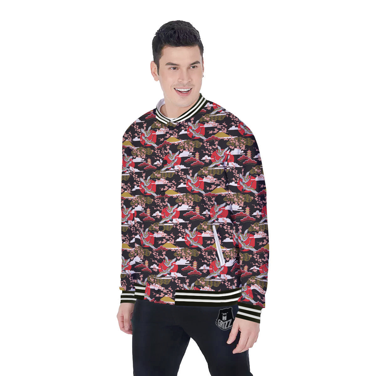 Traditional Japanese Print Pattern Baseball Jacket-grizzshop