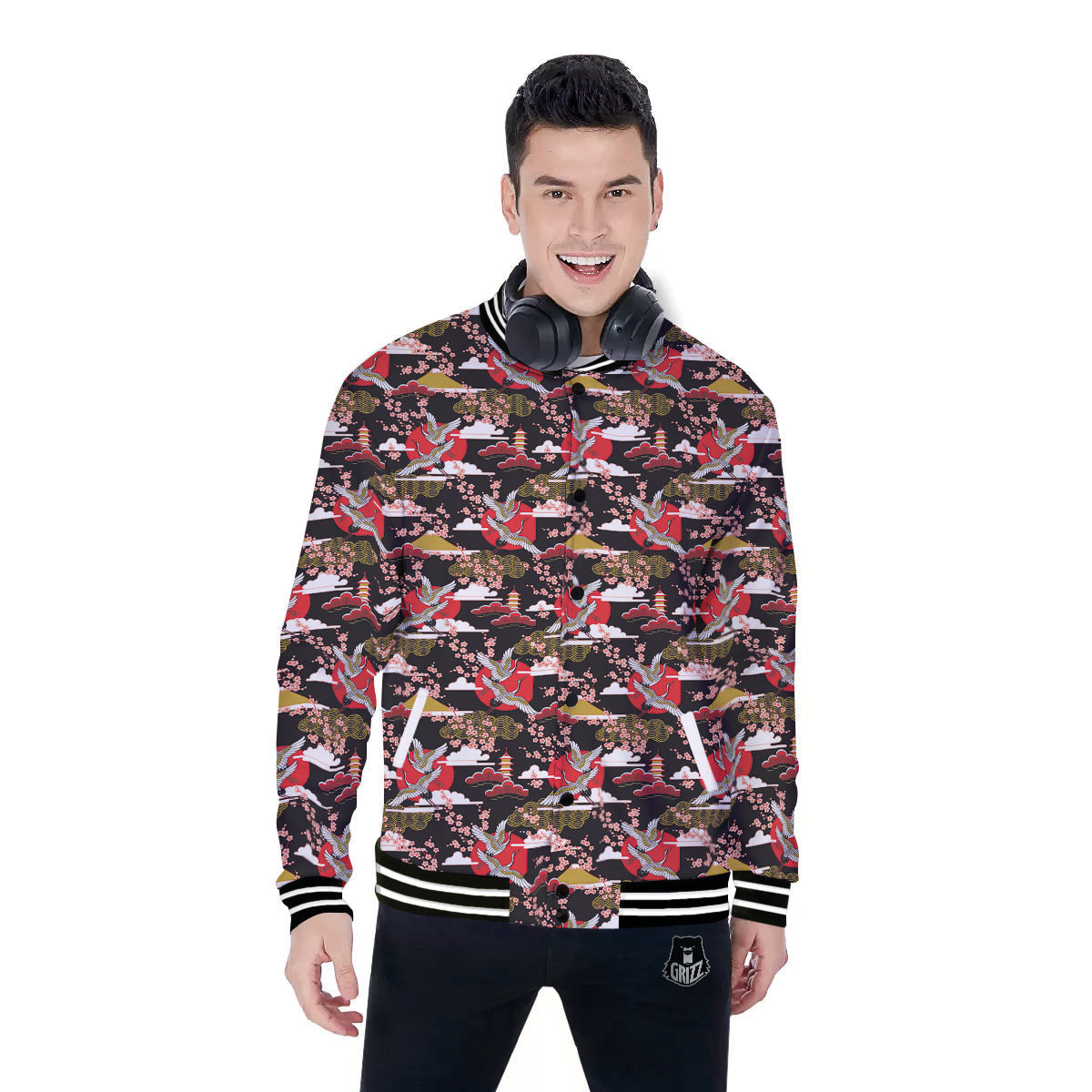 Traditional Japanese Print Pattern Baseball Jacket-grizzshop