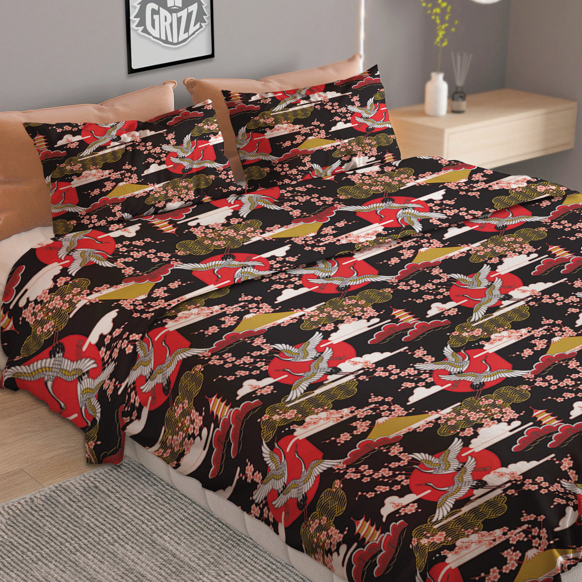 Traditional Japanese Print Pattern Duvet Cover Bedding Set