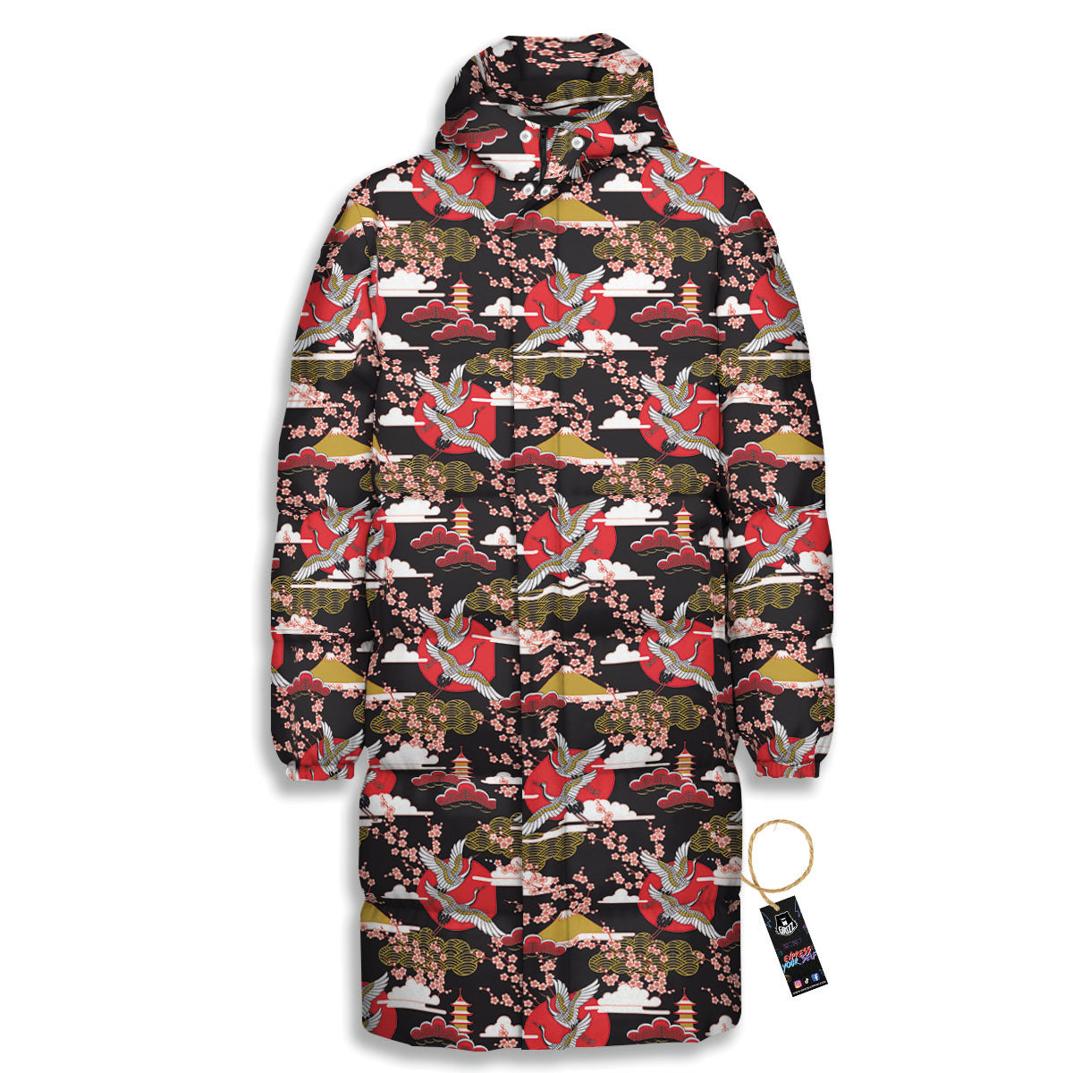 Traditional Japanese Print Pattern Long Down Jacket-grizzshop