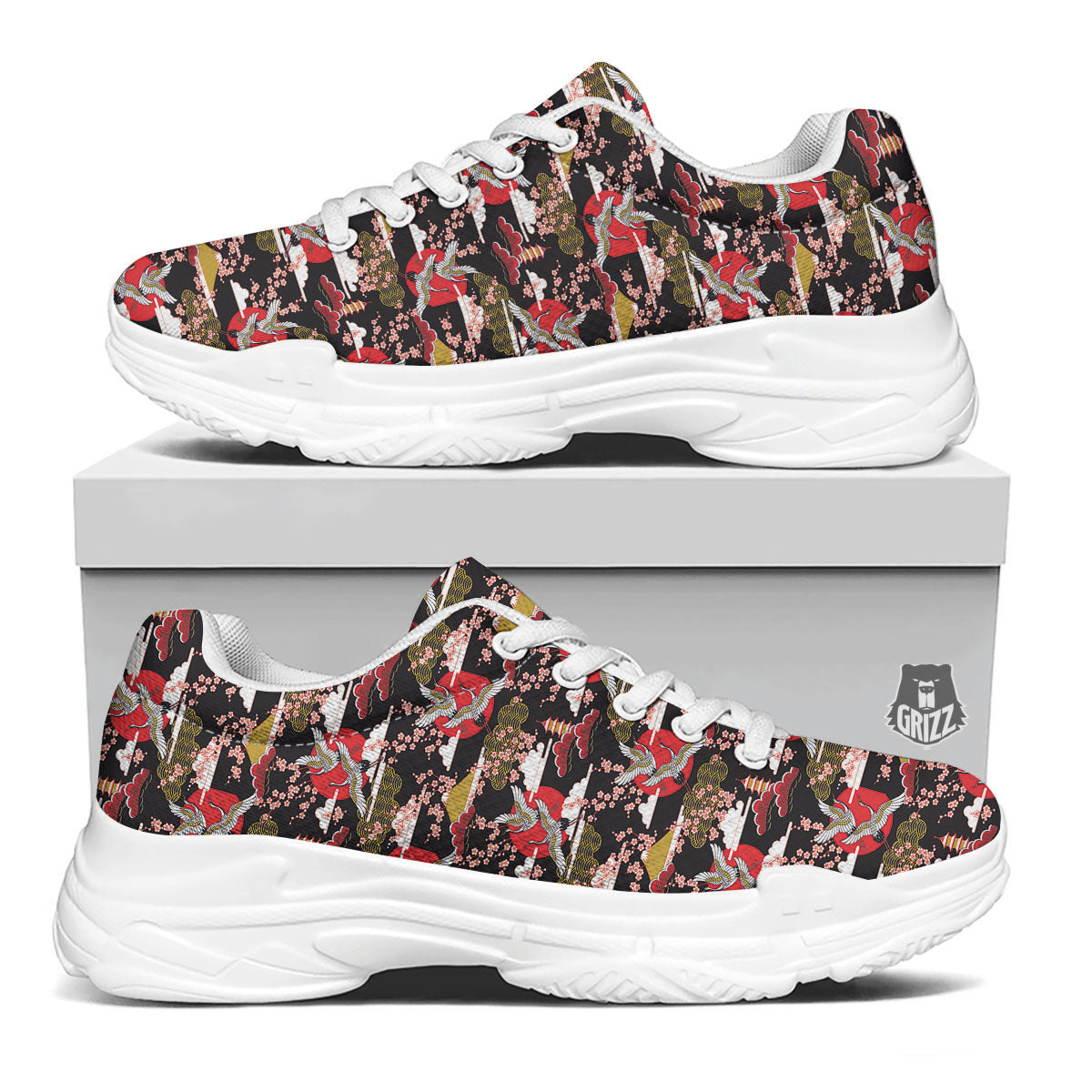 Traditional Japanese Print Pattern White Chunky Shoes-grizzshop