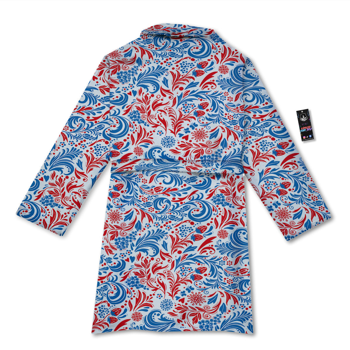 Traditional Khokhloma Red And Blue Print Pattern Bathrobe-grizzshop