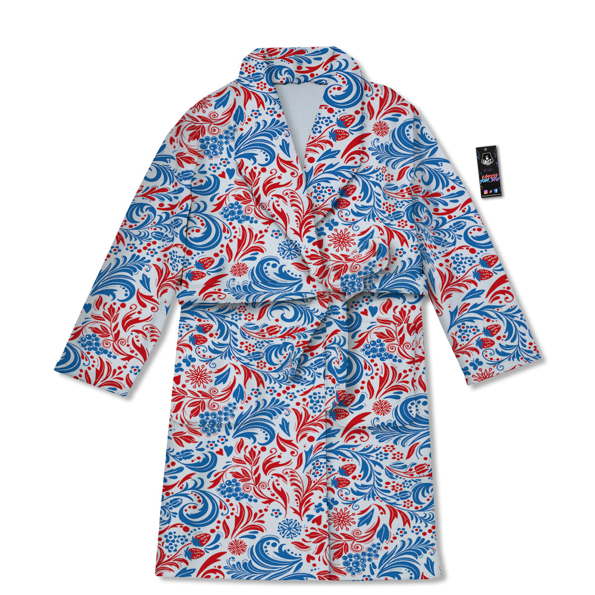 Traditional Khokhloma Red And Blue Print Pattern Bathrobe-grizzshop