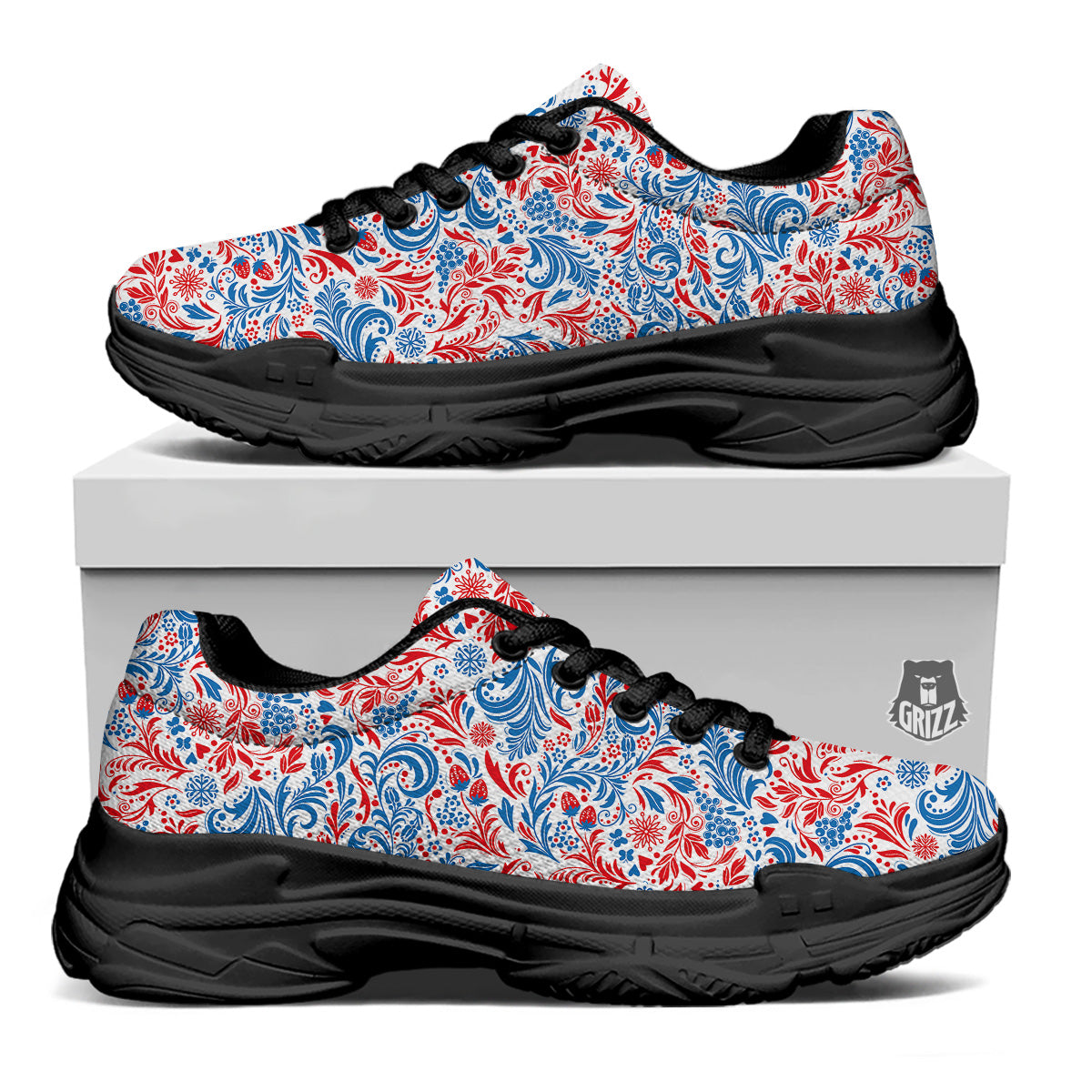 Traditional Khokhloma Red And Blue Print Pattern Black Chunky Shoes-grizzshop
