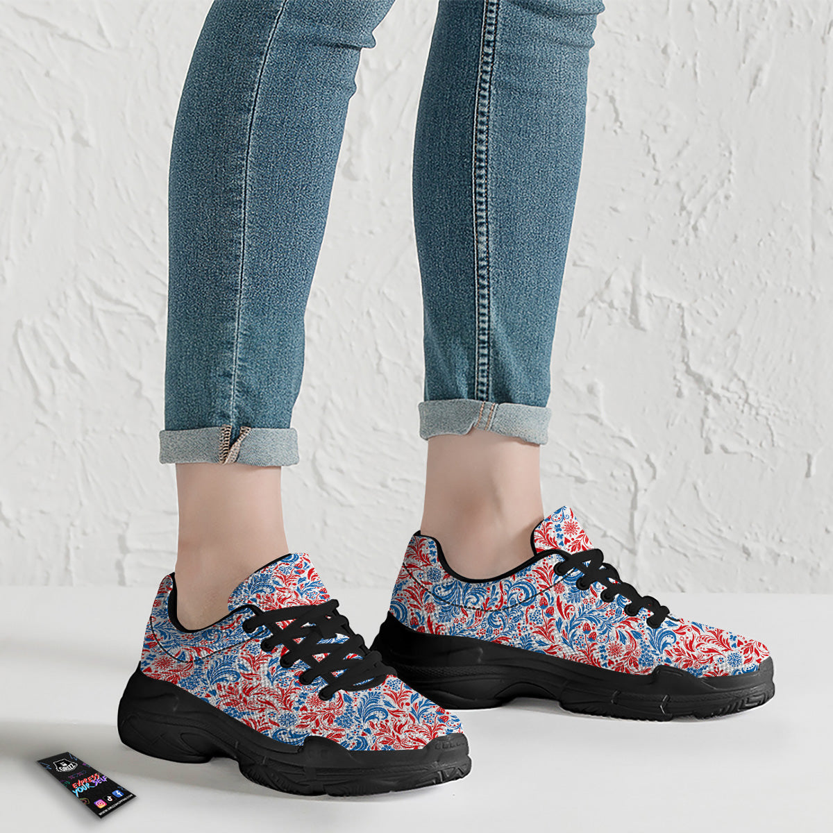 Traditional Khokhloma Red And Blue Print Pattern Black Chunky Shoes-grizzshop