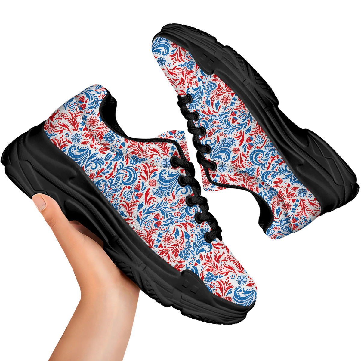 Traditional Khokhloma Red And Blue Print Pattern Black Chunky Shoes-grizzshop