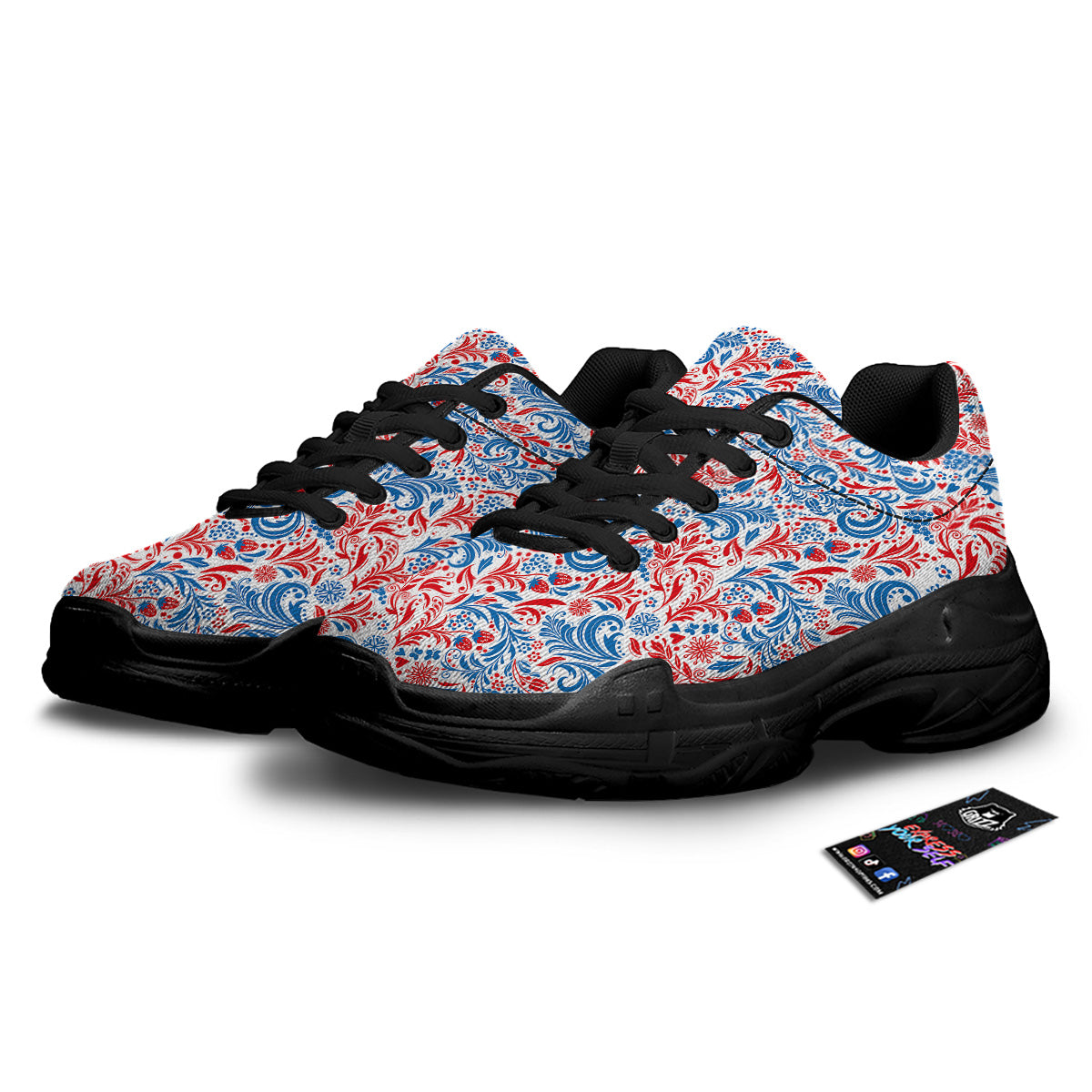 Traditional Khokhloma Red And Blue Print Pattern Black Chunky Shoes-grizzshop