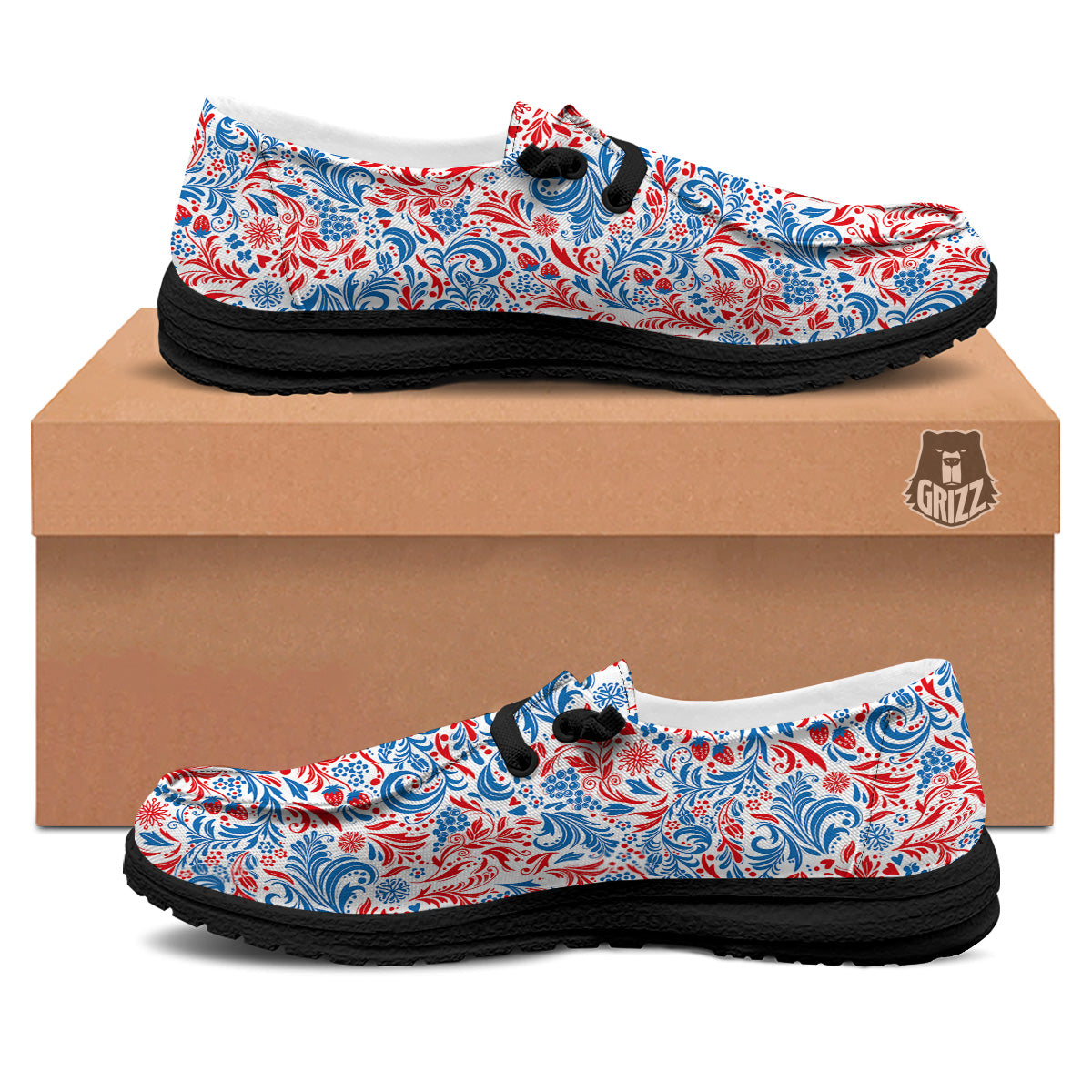 Traditional Khokhloma Red And Blue Print Pattern Black Loafers-grizzshop