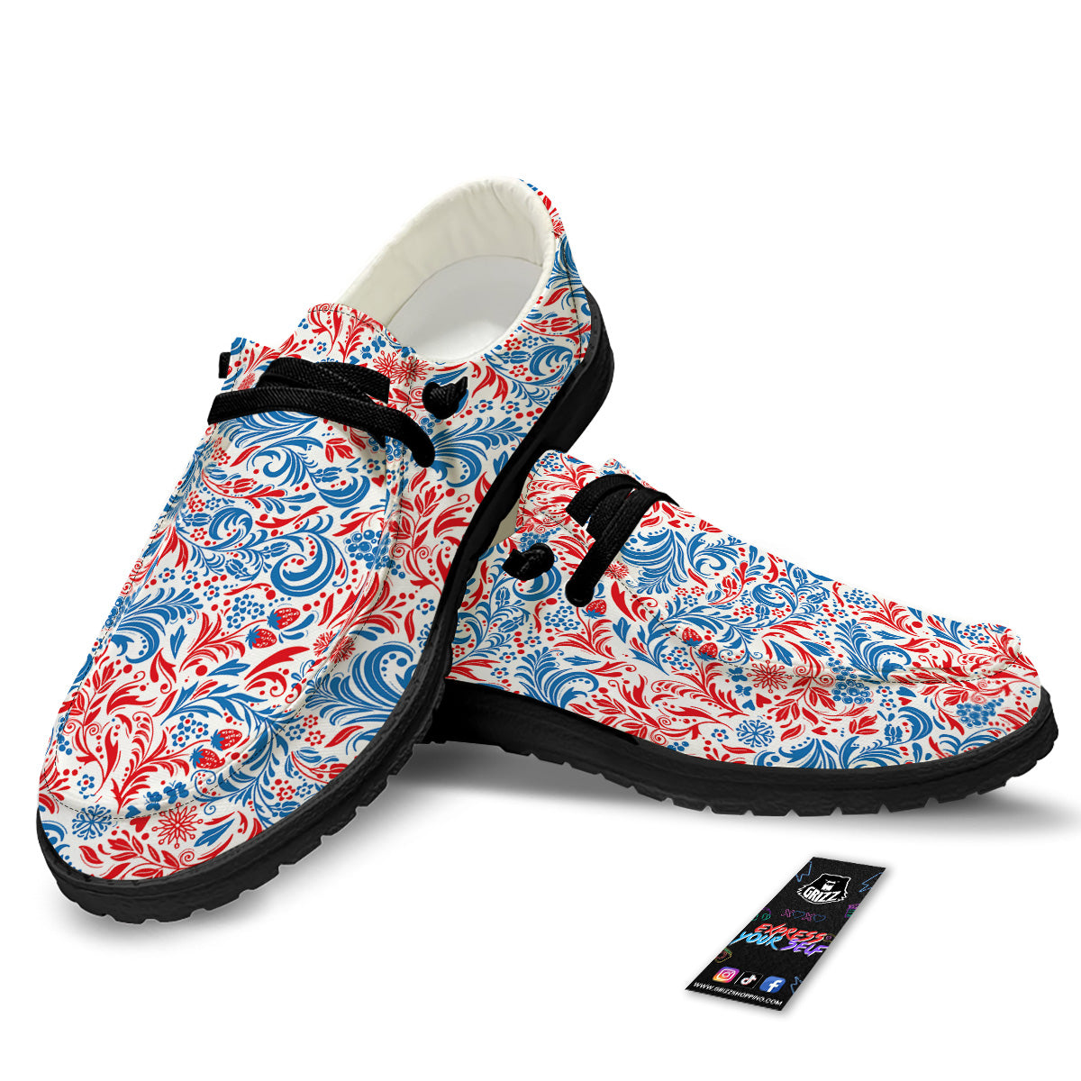 Traditional Khokhloma Red And Blue Print Pattern Black Loafers-grizzshop