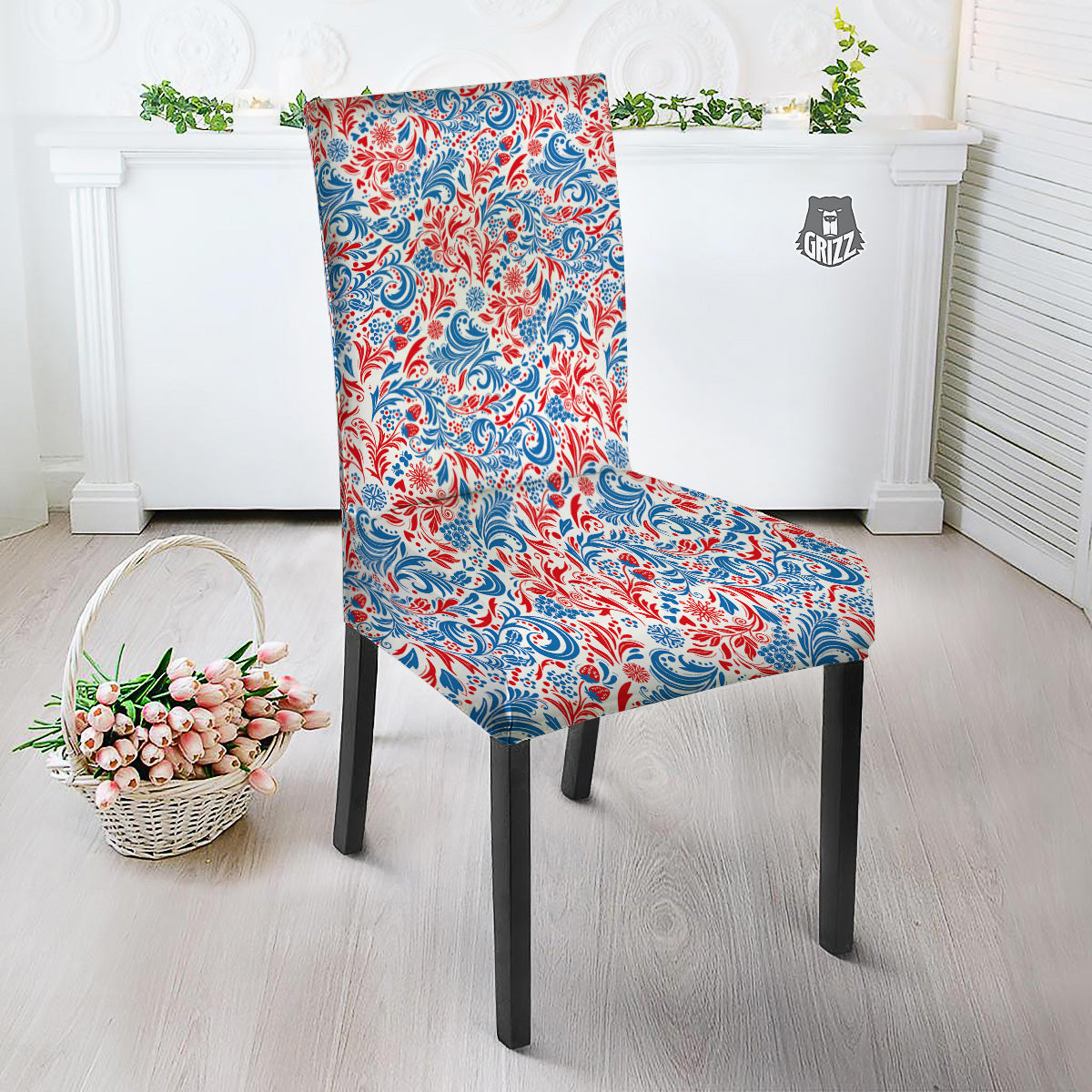 Traditional Khokhloma Red And Blue Print Pattern Dining Chair Slipcover-grizzshop