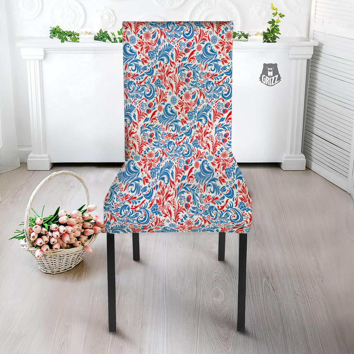 Traditional Khokhloma Red And Blue Print Pattern Dining Chair Slipcover-grizzshop