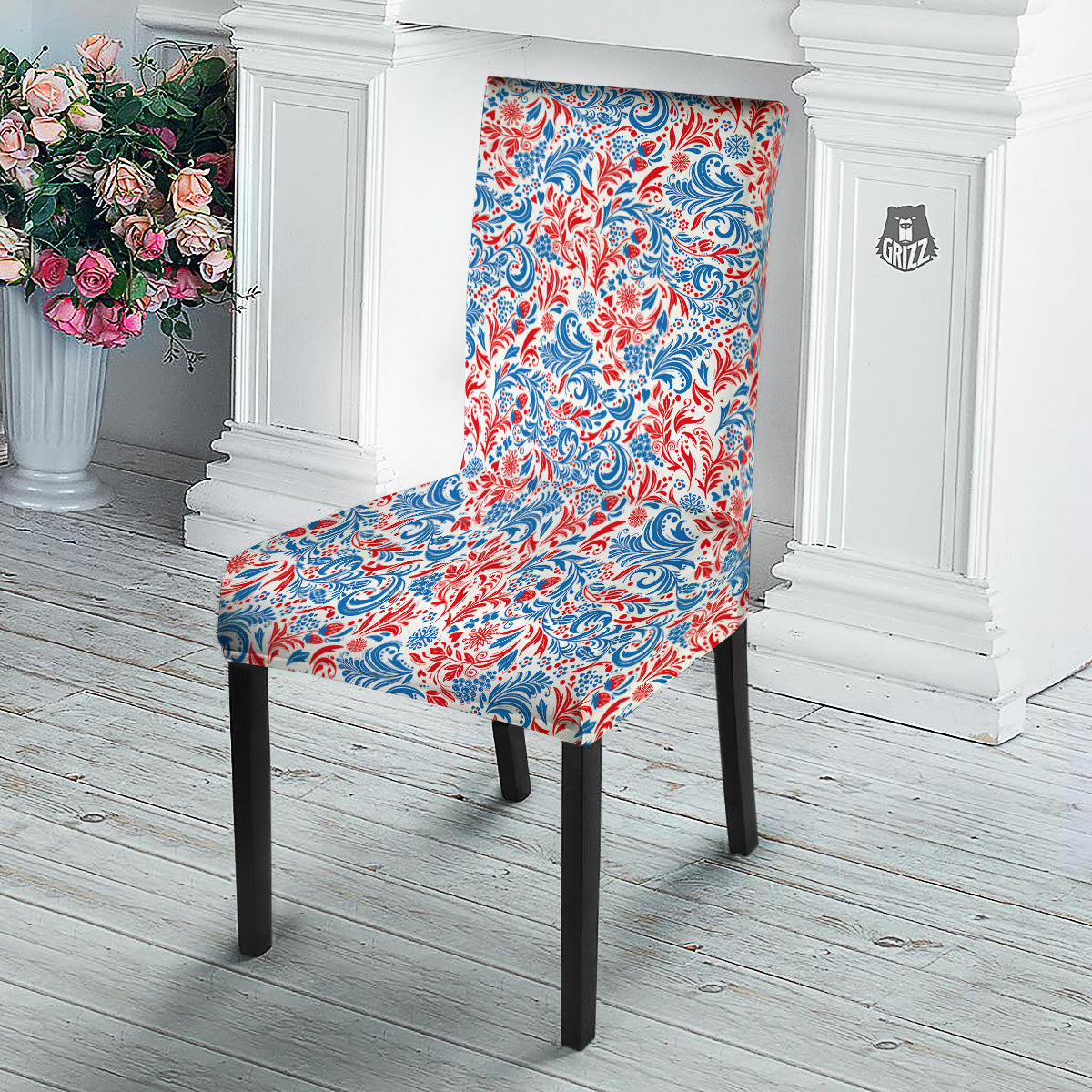 Traditional Khokhloma Red And Blue Print Pattern Dining Chair Slipcover-grizzshop
