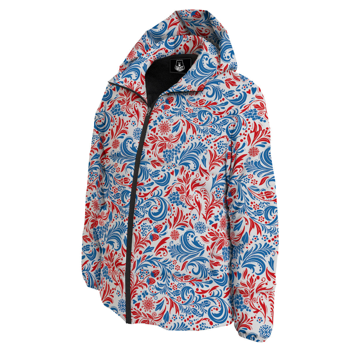 Traditional Khokhloma Red And Blue Print Pattern Down Jacket-grizzshop
